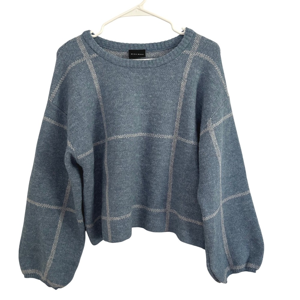 Miou Muse Womens Blue White Grid Striped Cropped Crewneck Sweater Small